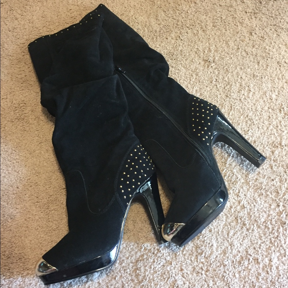 Suede Black and Gold Knee High Boots